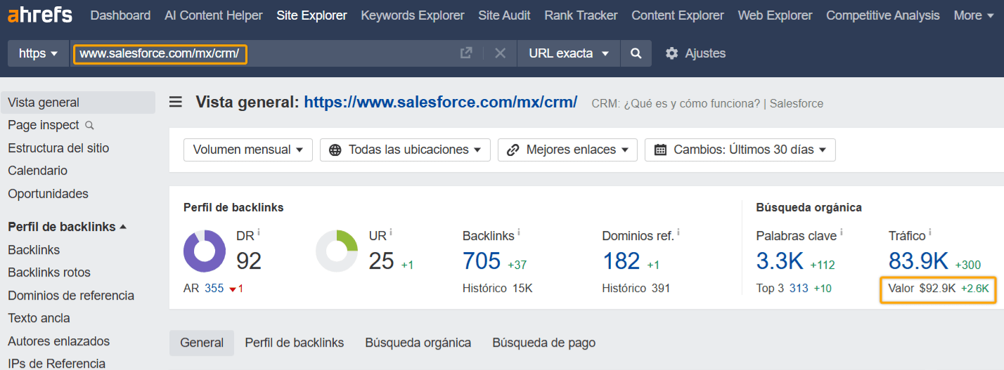 Valor del tráfico de pago de SalesForce a través de Site Explorer de Ahrefs