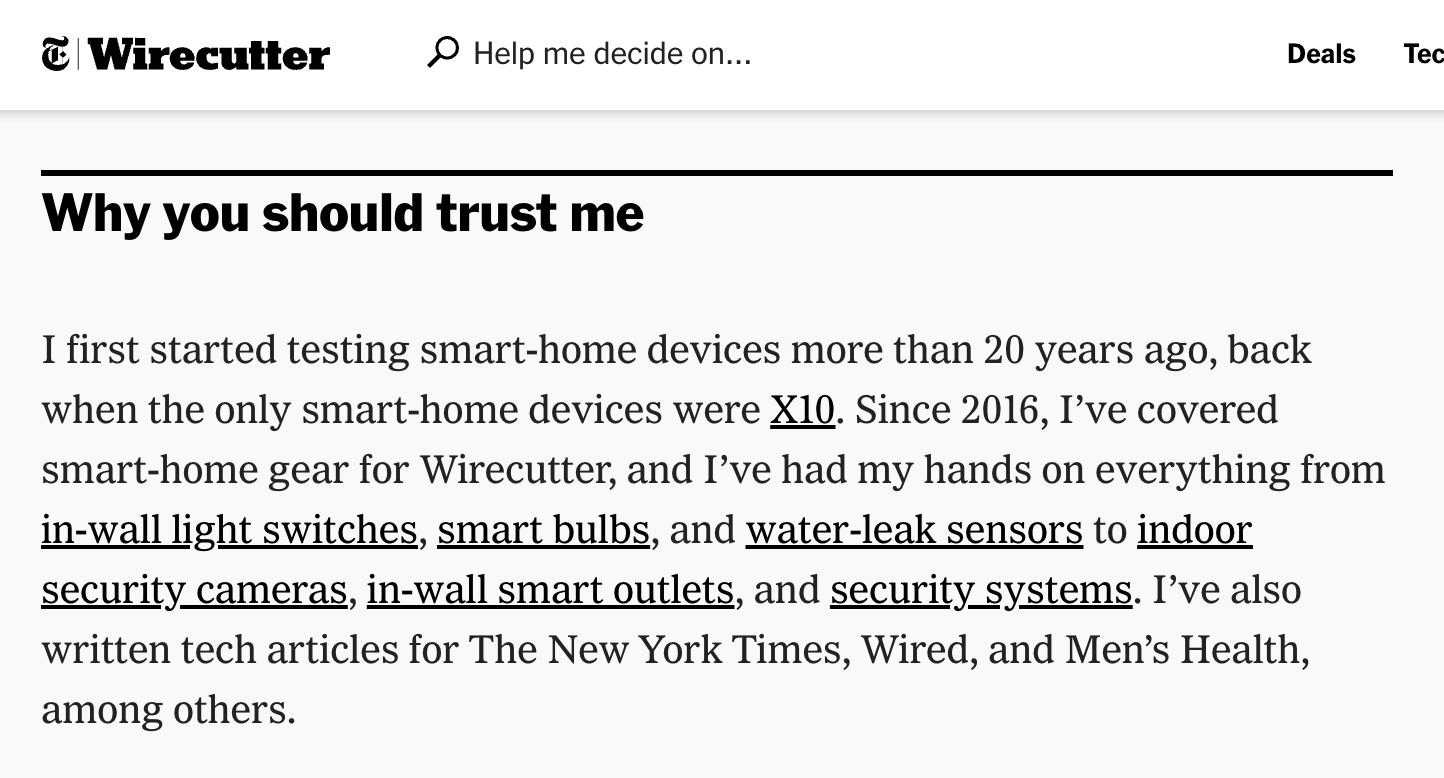 Sección "«por qué deberías fiarte de mí" de Wirecutter.