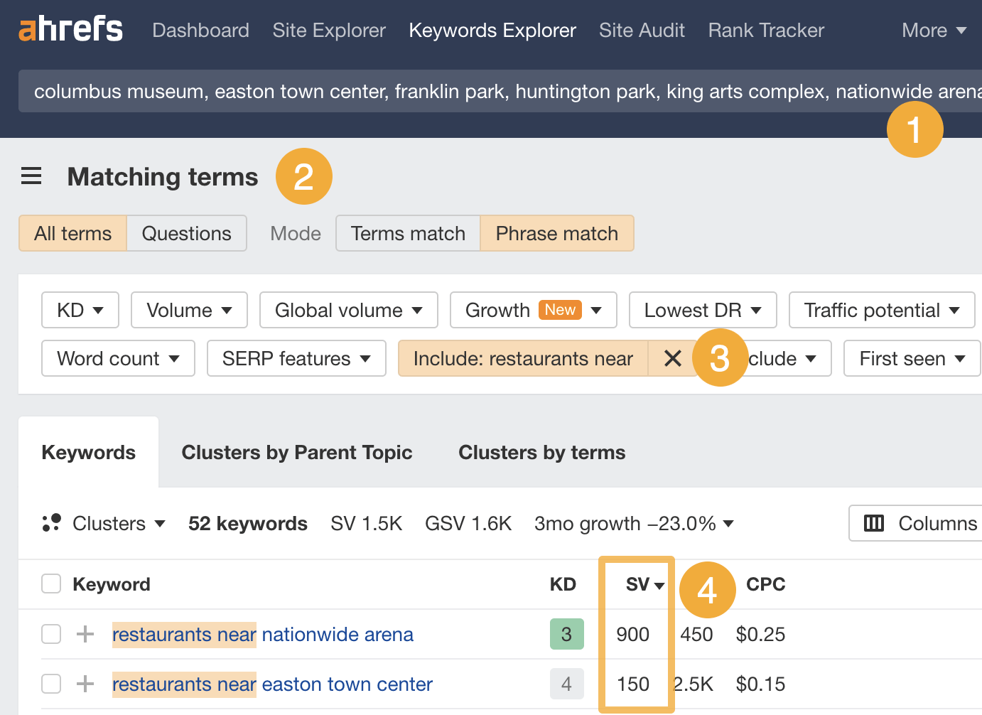 Encontrar palabras clave de proximidad populares en Keywords Explorer de Ahrefs