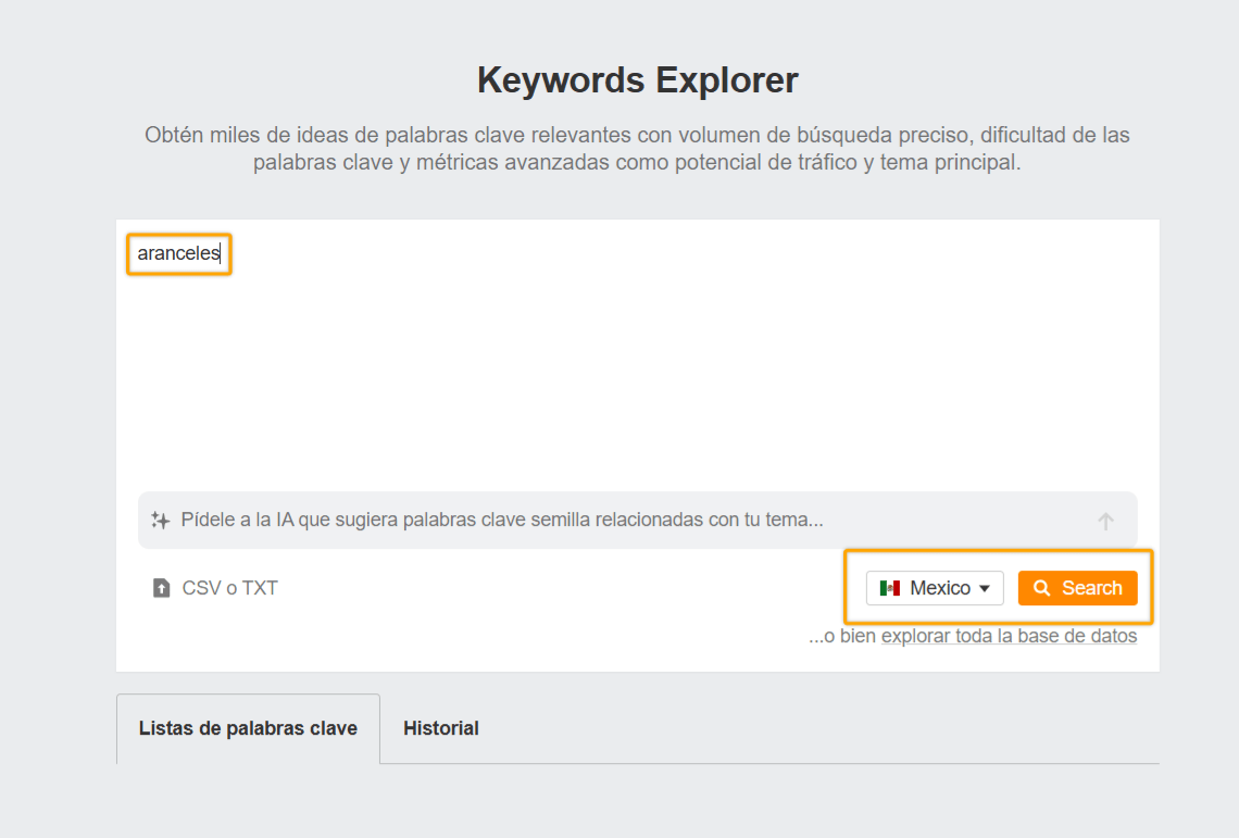 Keywords Explorer de Ahrefs con la palabra clave aranceles