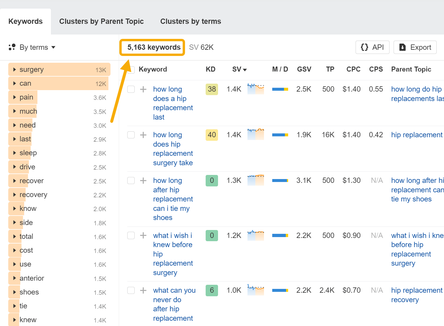 Resultados del informe Términos que concuerdan de Keywords Explorer. 