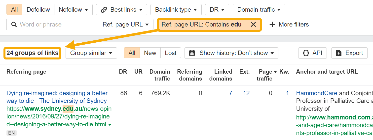 Búsqueda de backlinks a través de Site Explorer de Ahrefs.