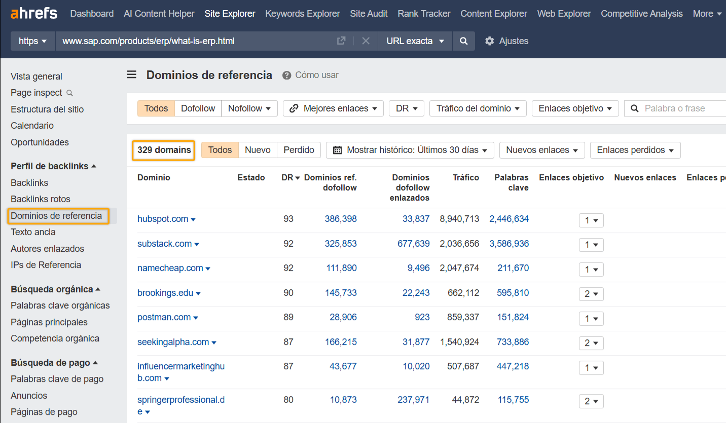 Dominios de referencia de SAP a través de Site Explorer de Ahrefs