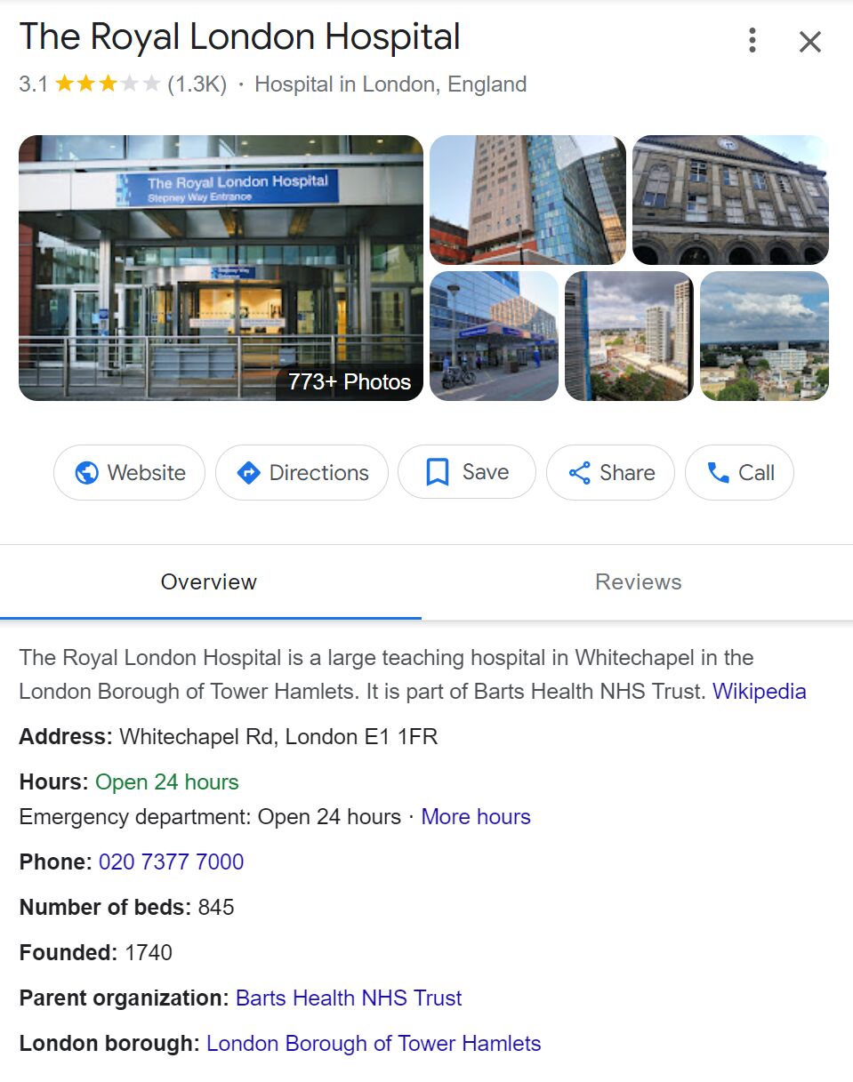 Perfil de Empresa en Google Maps del Royal London Hospital.