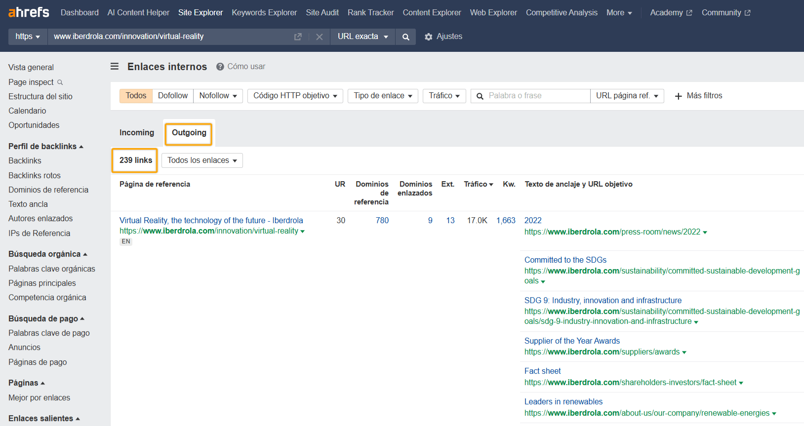 Enlaces internos de Ibedrola a través de Site Explorer de Ahrefs