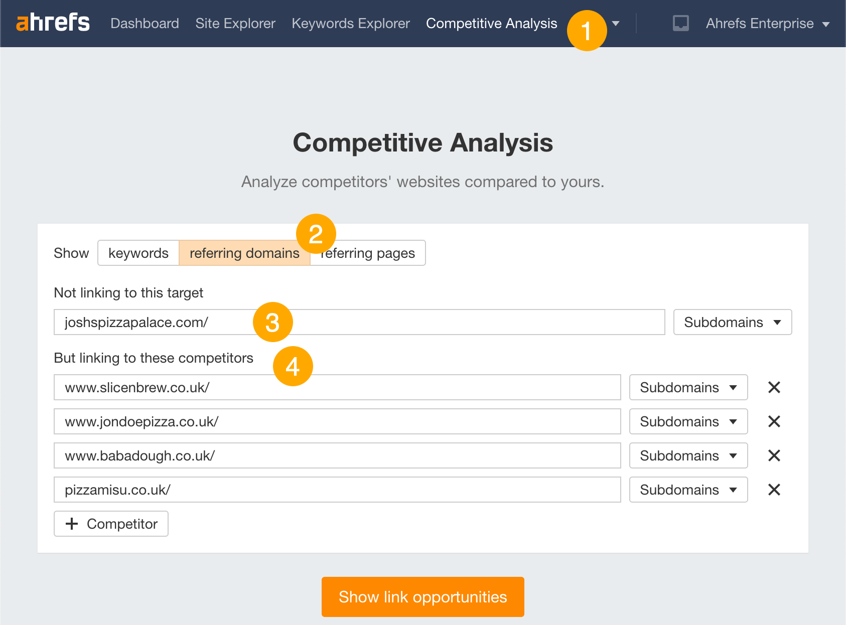 Utiliza el informe Link Intersect de Ahrefs para encontrar blogueros gastronómicos a los que dirigirte.