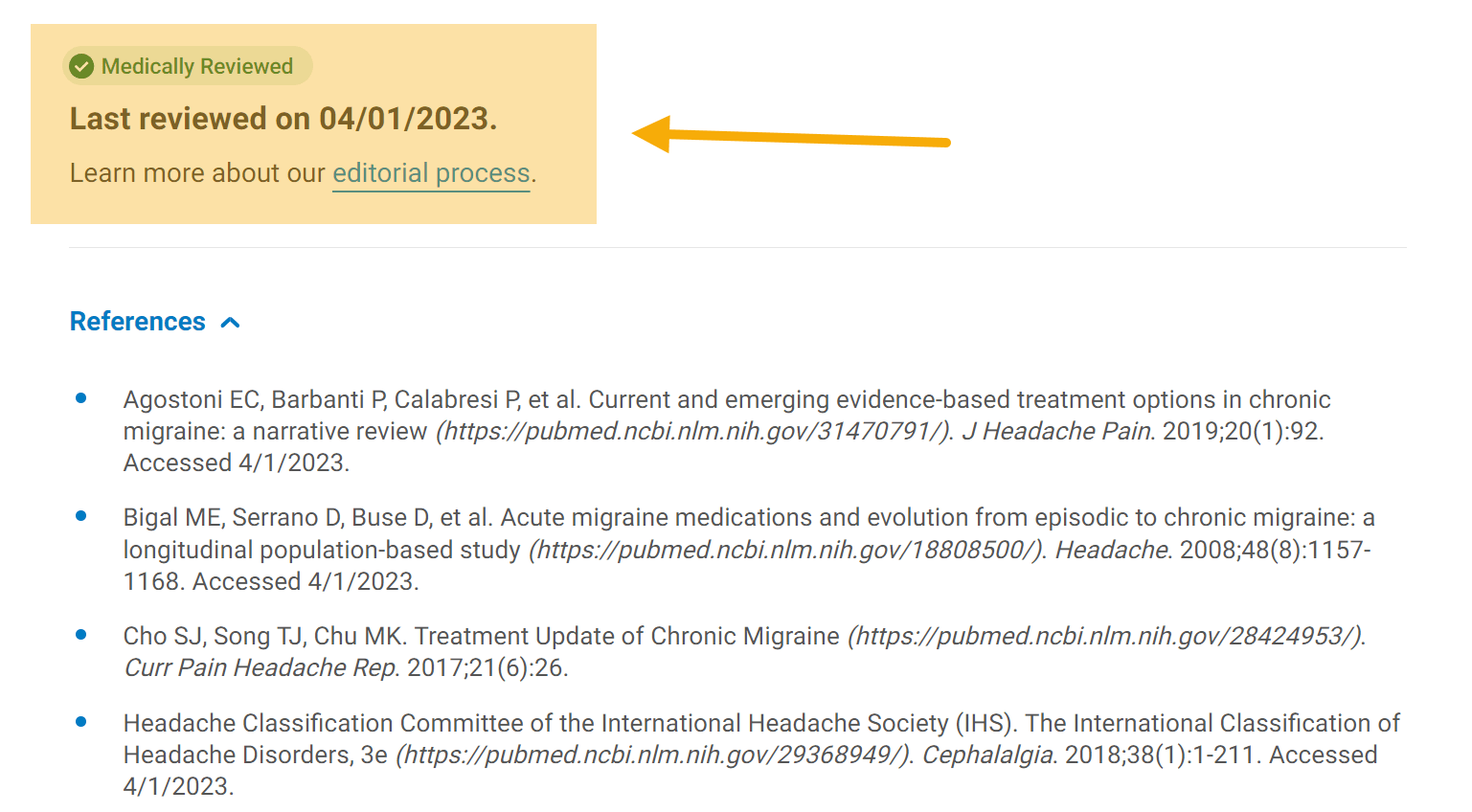 Cleveland Clinic incluye un distintivo de "revisado médicamente" y enlaces a una lista de normas editoriales.