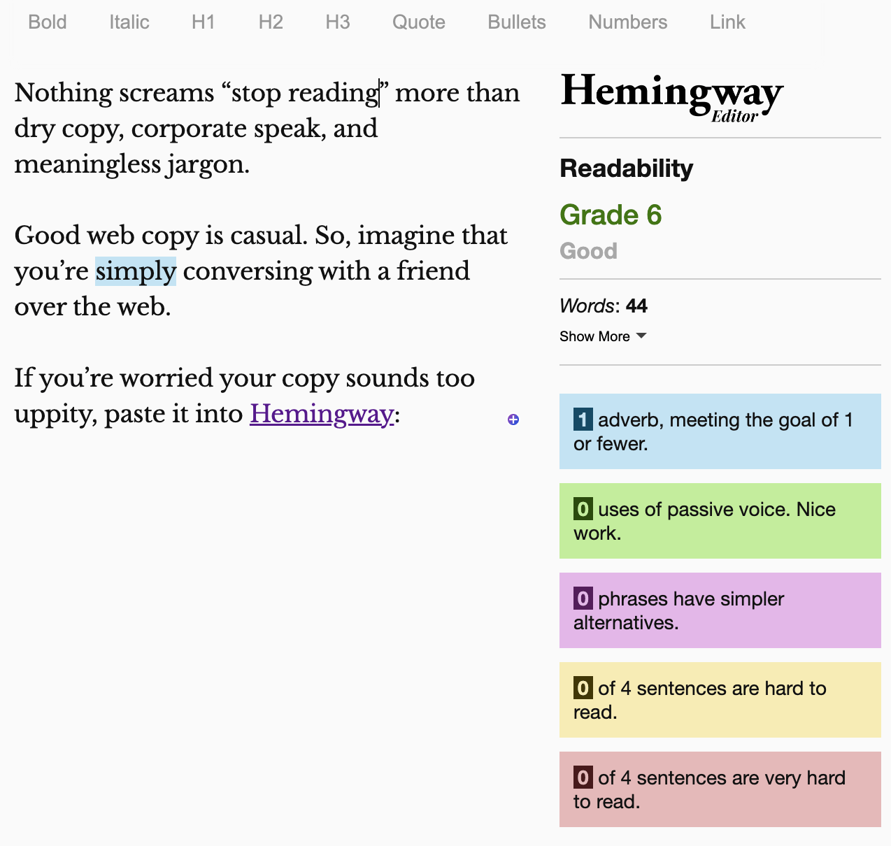 Hemingway califica tu texto y da una puntuación de legibilidad.