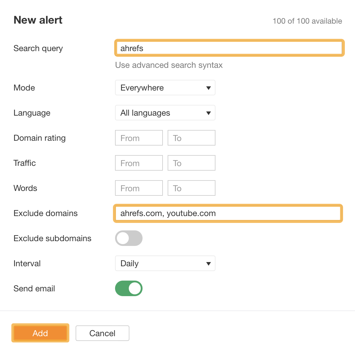 Ejemplo de configuración de una alerta Ahrefs.