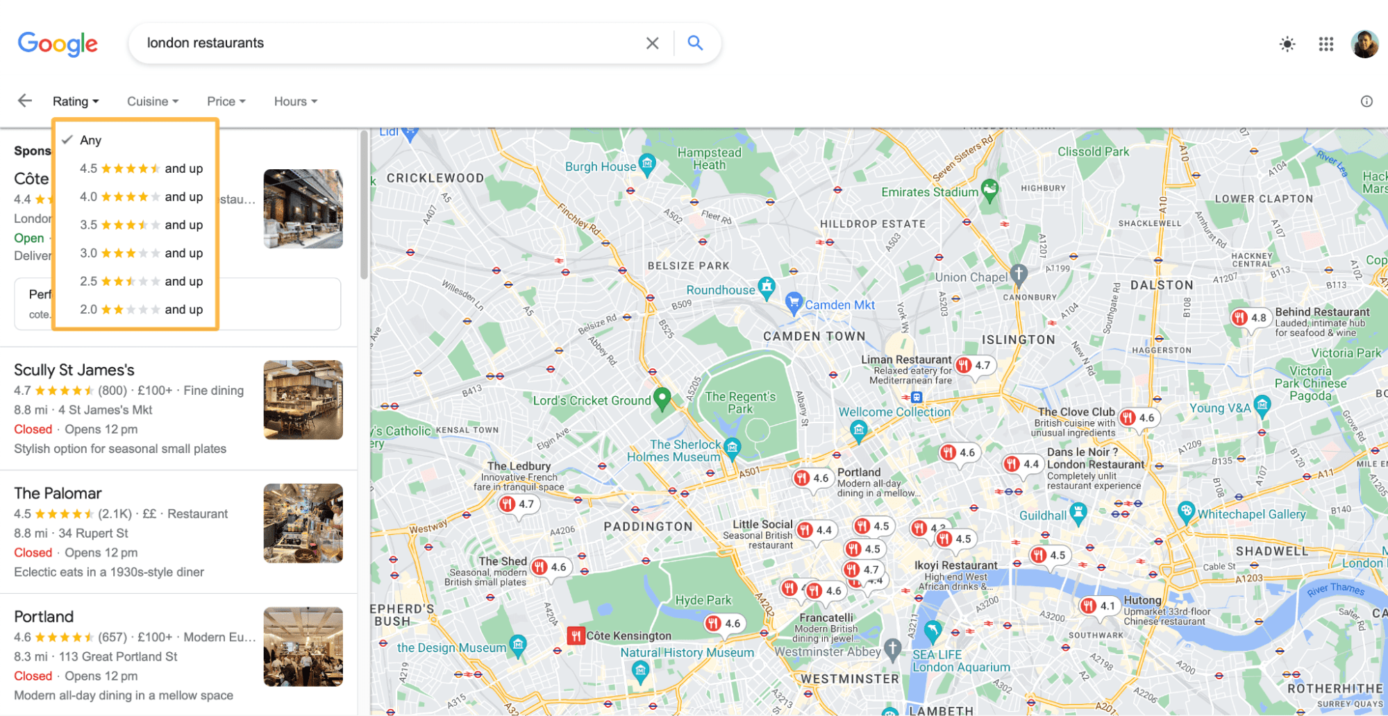 Ejemplo de filtro de clasificación por estrellas, a través de Google Maps.