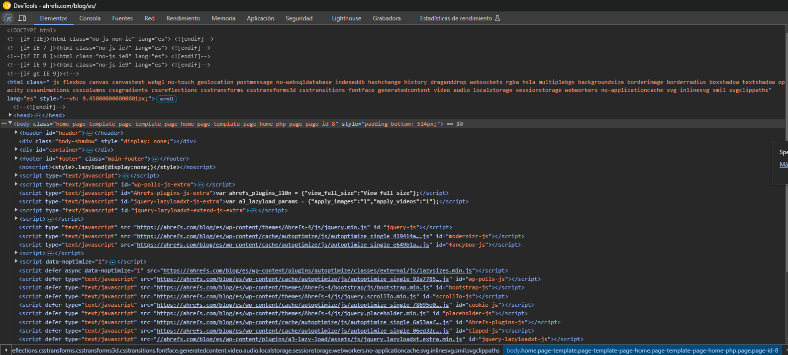 Ejemplo de uso de Devtools para ver las etiquetas HTML de una página web