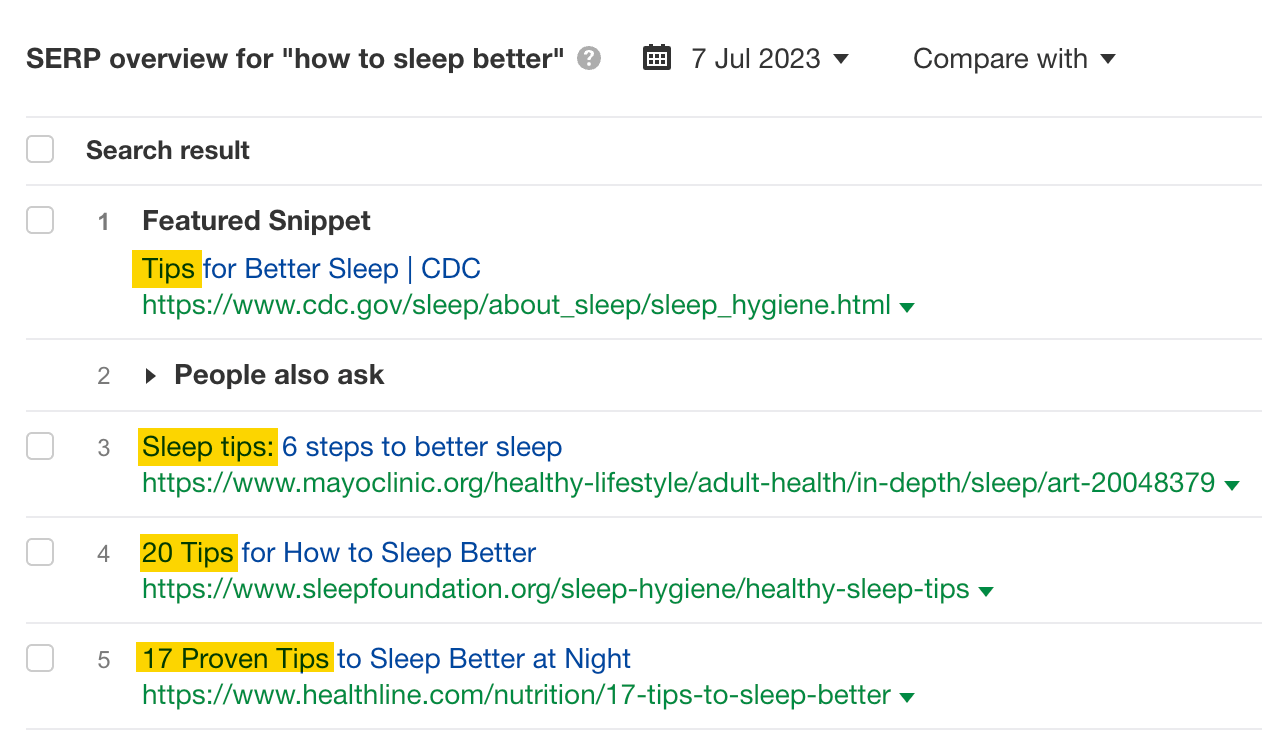 Resumen de las SERP para "cómo dormir mejor", a través de Keywords Explorer de Ahrefs.