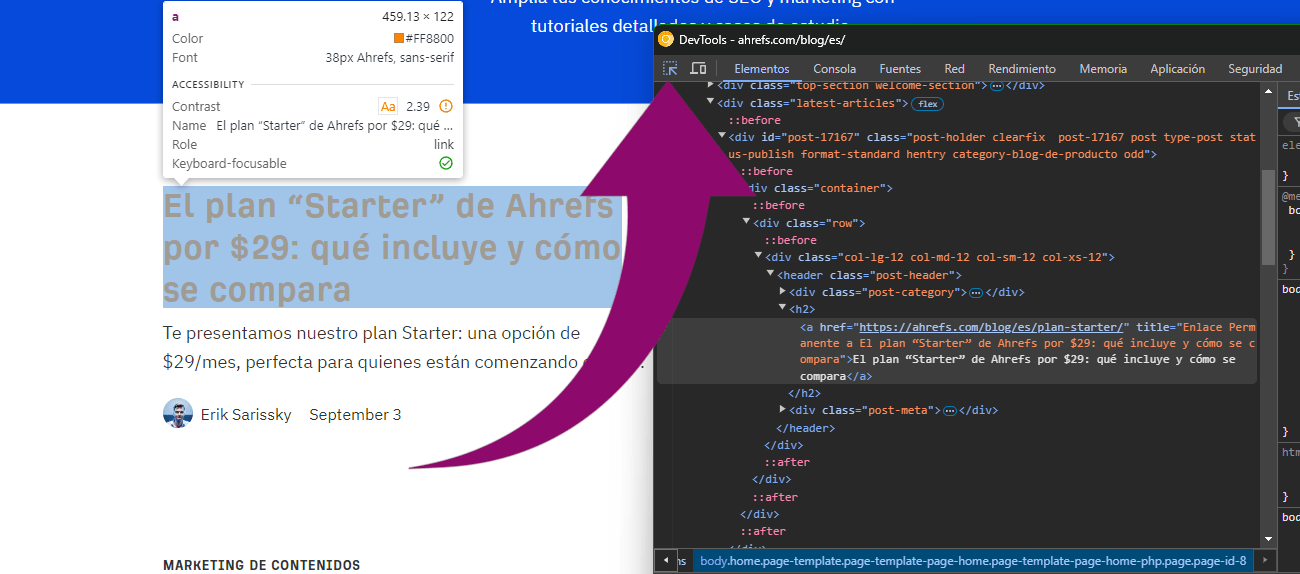 Inspección visual en DevTools de Chrome