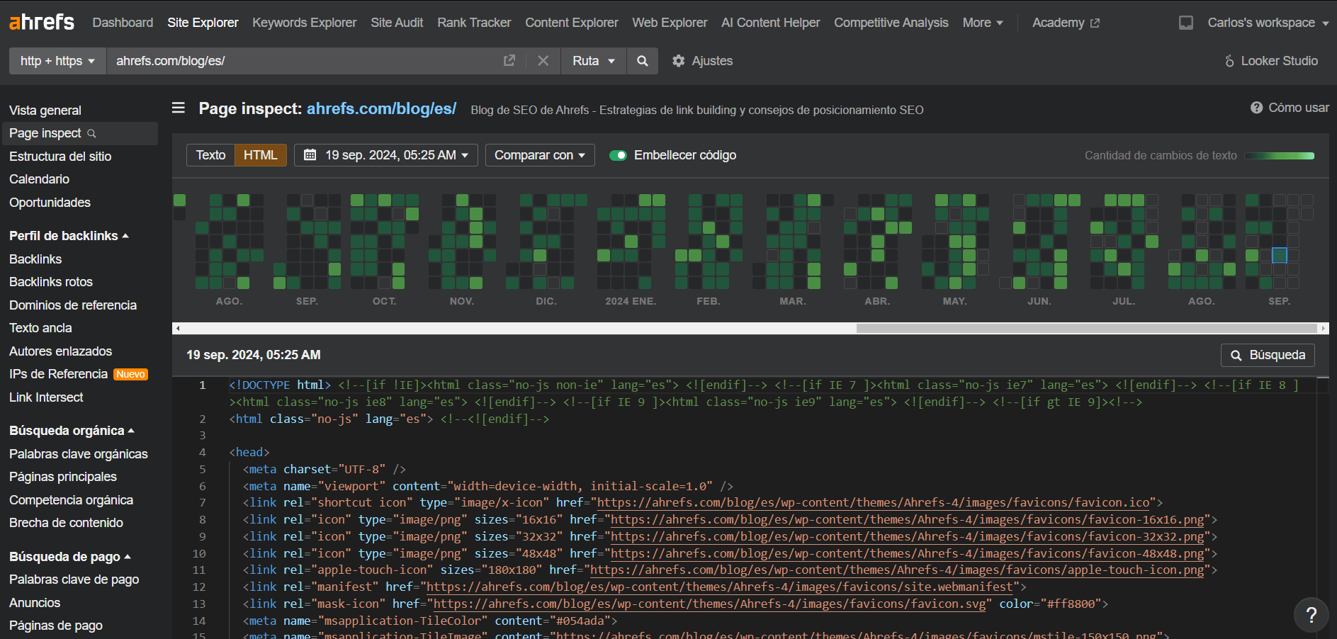 Análisis de una página web en Page Inspect de Ahrefs