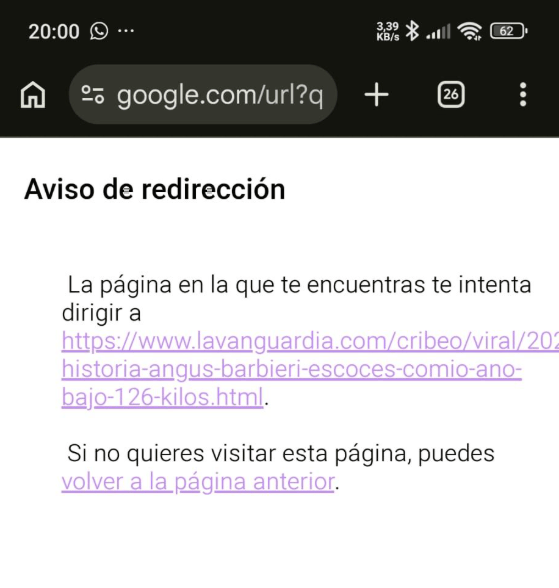Captura de pantalla de aviso de redrirección