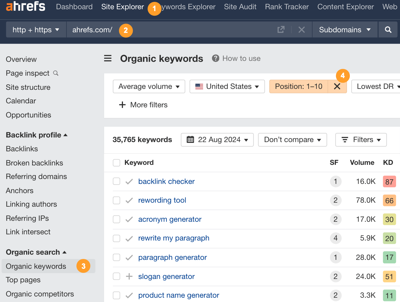 Proceso para utilizar Site Explorer de Ahrefs para encontrar palabras clave en las 10 primeras posiciones.