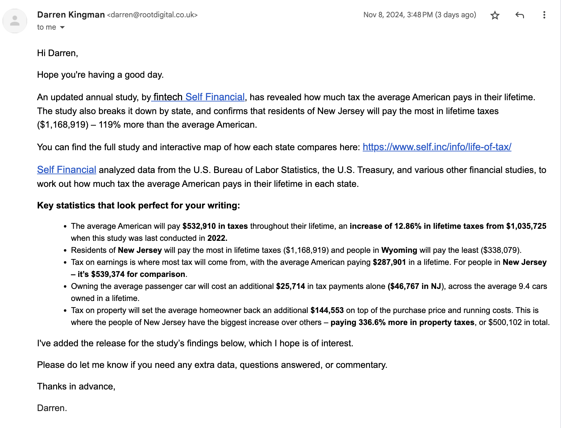 Ejemplo de correo electrónico de Darren Kingman