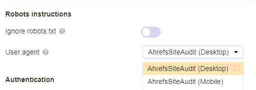 Selección del agente de usuario, a través de la configuración de rastreo de Site Audit de Ahrefs.