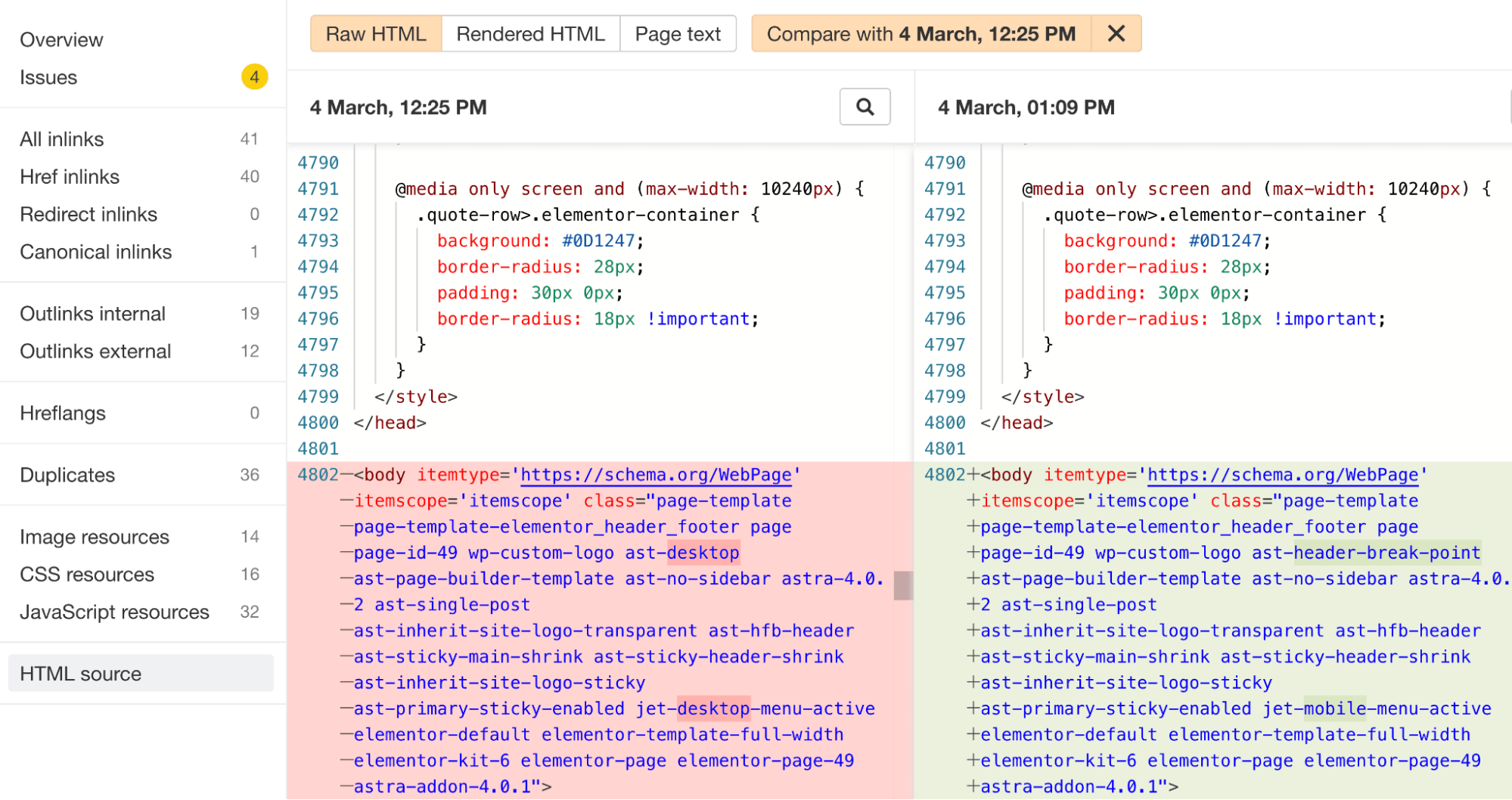 Comparación del código fuente HTML, a través de las comparaciones de rastreo de Site Audit de Ahrefs.