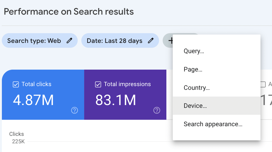 Filtrado por dispositivo en el informe de rendimiento de Google Search Console.