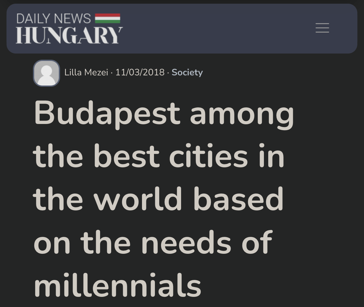 Daily news Hungría cubre una historia bastante poco inspiradora sobre cómo Budapest ocupa el puesto 37 para los millennials