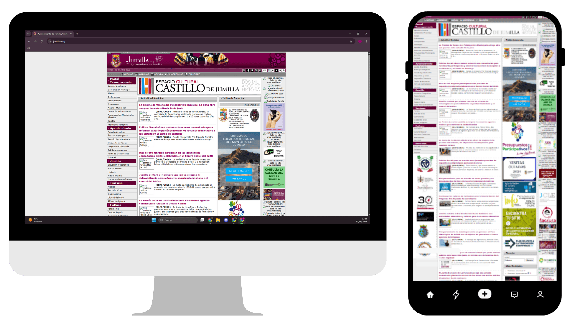 Comparativa de una web sin meta viewport: en escritorio se ve correctamente, en móvil los elementos aparecen diminutos e inutilizables.