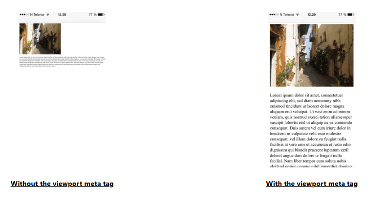 Ejemplo de W3Schools comparando una página móvil sin meta viewport (contenido minúsculo) frente a la misma con meta viewport aplicada (legible).