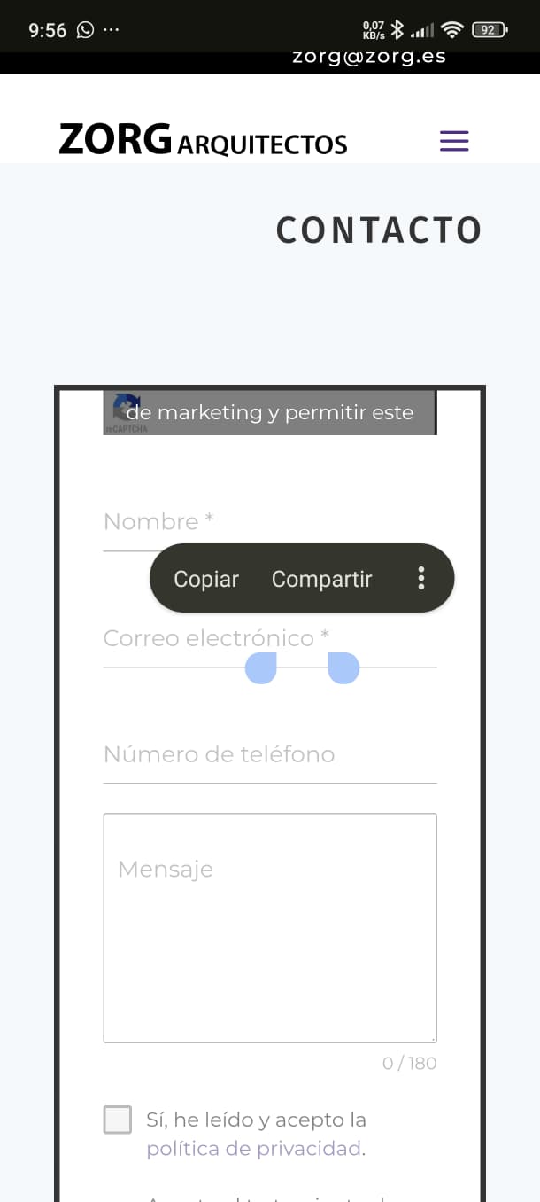 Formulario de contacto en el que no se puede escribir desde el móvil