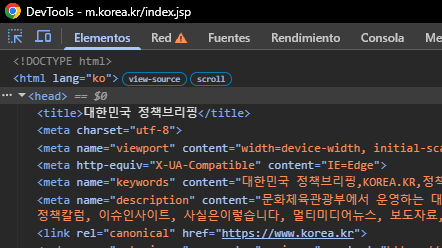web de m.korea.kr apuntando con canonical a la web de korea oficial