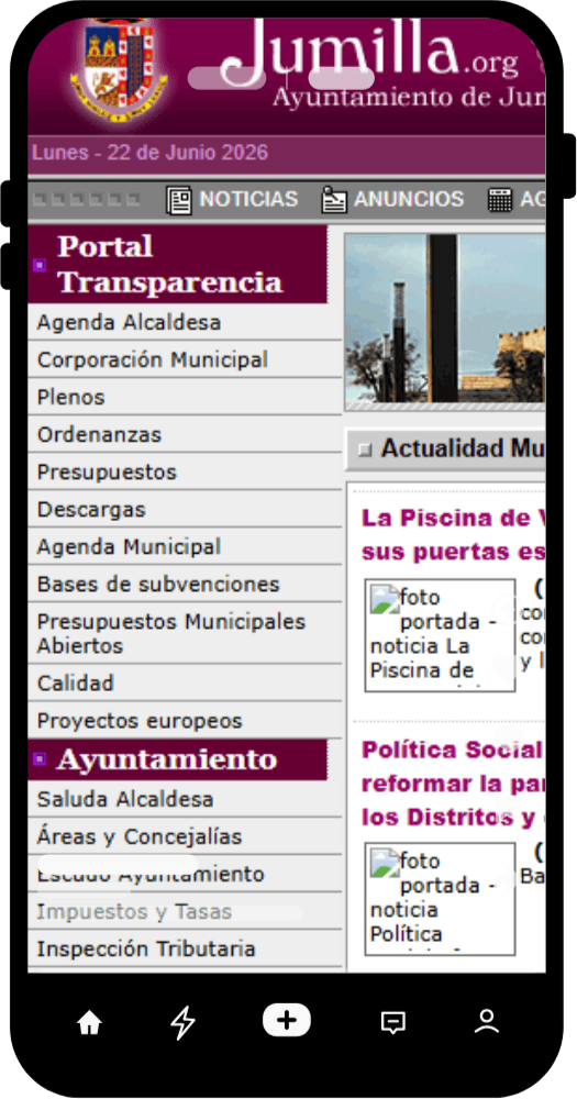 Web del Ayuntamiento de Jumilla en móvil con meta viewport correctamente configurada: texto legible y navegación usable a falta de ajustes.