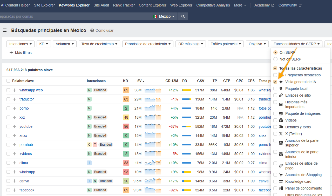 Filtro AI Overview SERP Feature de Keywords Explorer de Ahrefs.