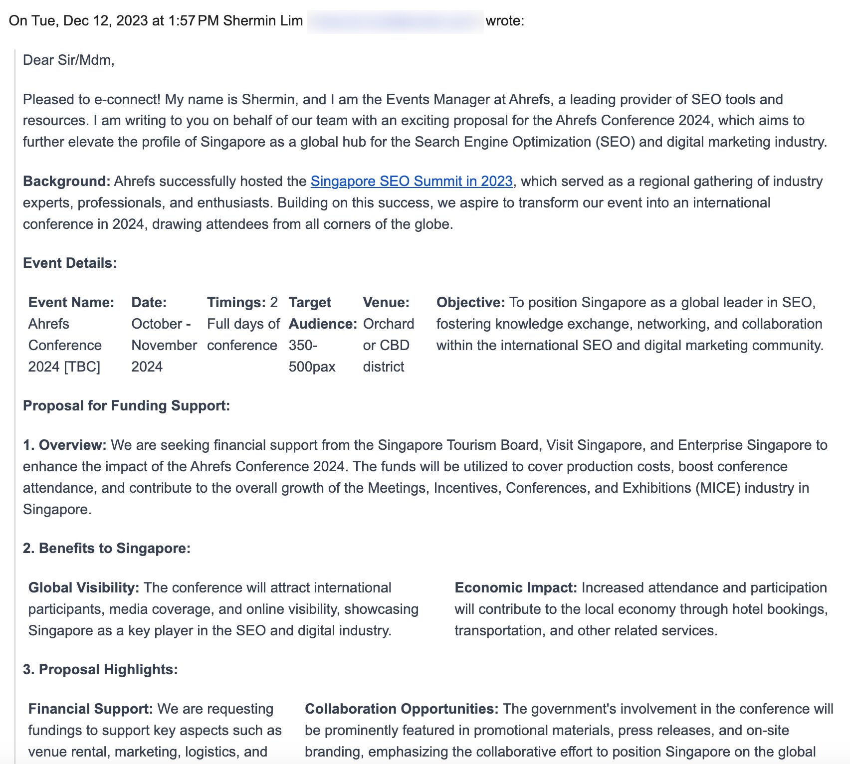 Correo electrónico de Shermin a la Oficina de Turismo de Singapur solicitando una subvención.