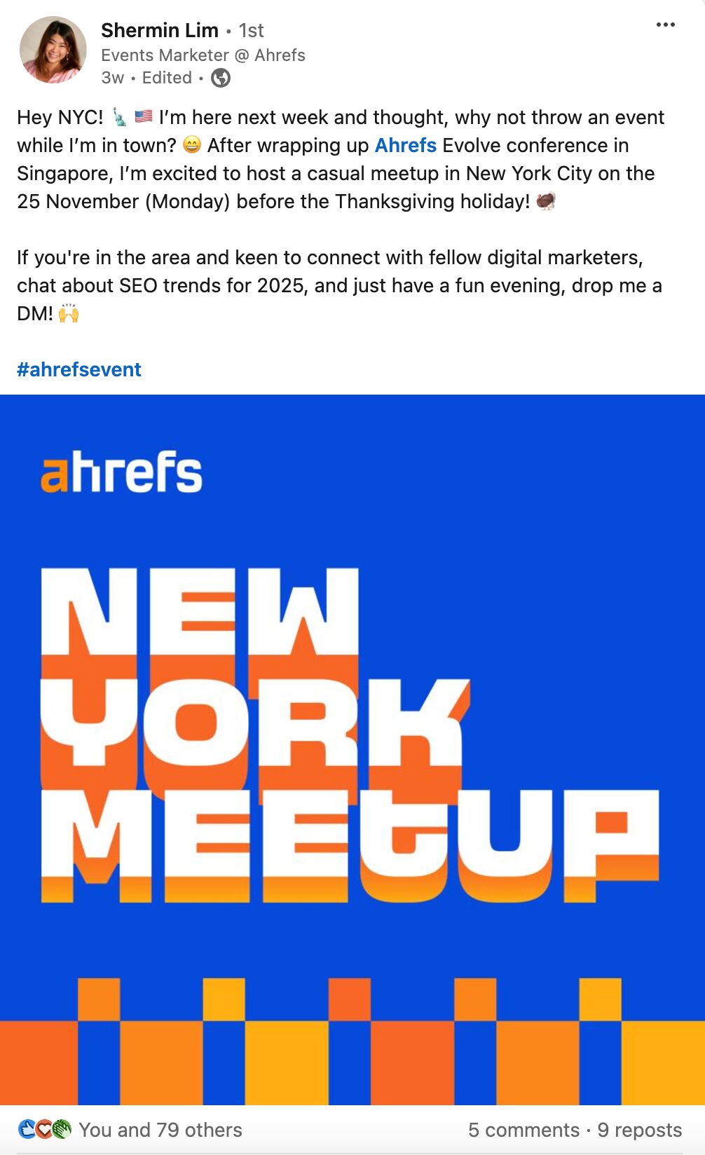 Shermin anuncia en LinkedIn un evento de networking de SEO en Nueva York