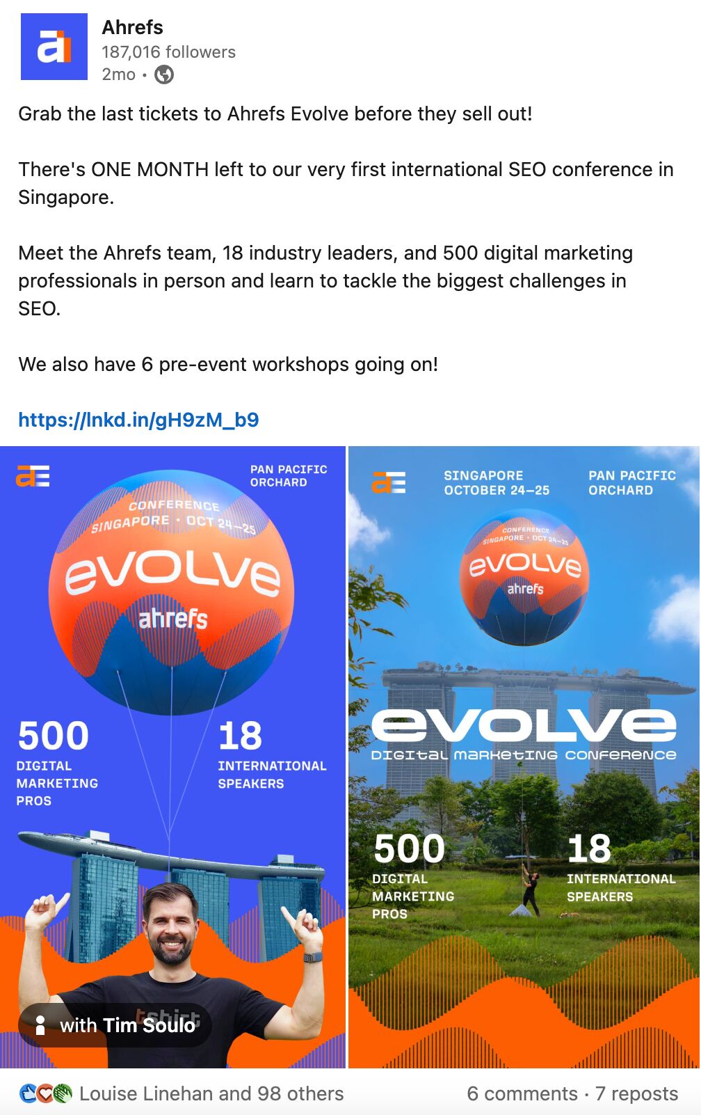 El post de Ahrefs en LinkedIn promocionando Evolve y usando nuestro globo de helio como creatividad publicitaria.