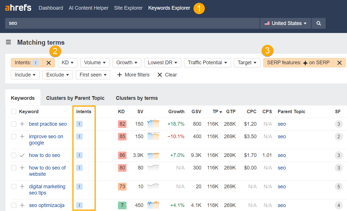 Captura de pantalla de Keywords Explorer de Ahrefs que muestra cómo encontrar palabras clave informativas de AI Overview