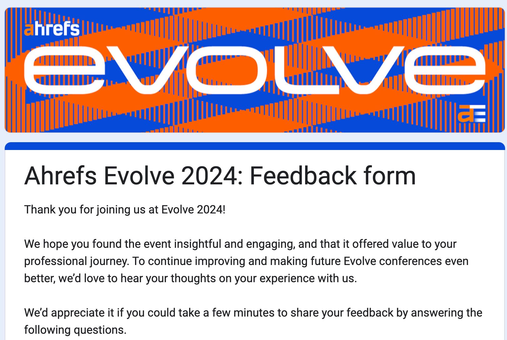 Formulario de comentarios de Ahrefs Evolve 2024 para los asistentes.