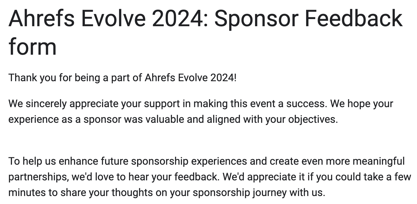 Ahrefs Evolve 2024 formulario de feedback para patrocinadores