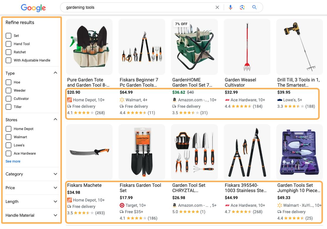 Mosaicos de productos que aparecen en los resultados de búsqueda de Google para la palabra clave «herramientas de jardinería».
