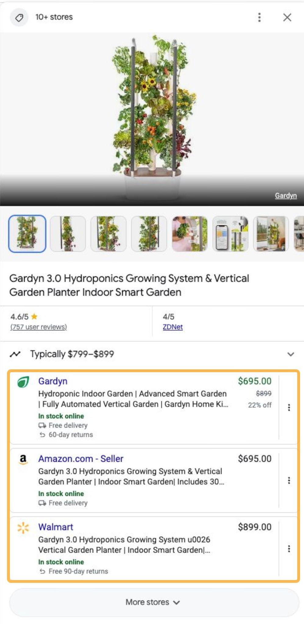 Panel de productos que se abre en la interfaz de Google y dirige a los buscadores a una serie de comerciantes que venden el mismo producto.
