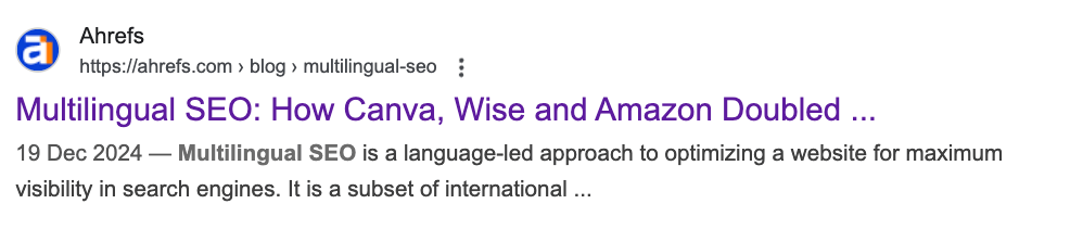 Captura de pantalla de un resultado de búsqueda de Google para la publicación de SEO multilingüe de Ahrefs.