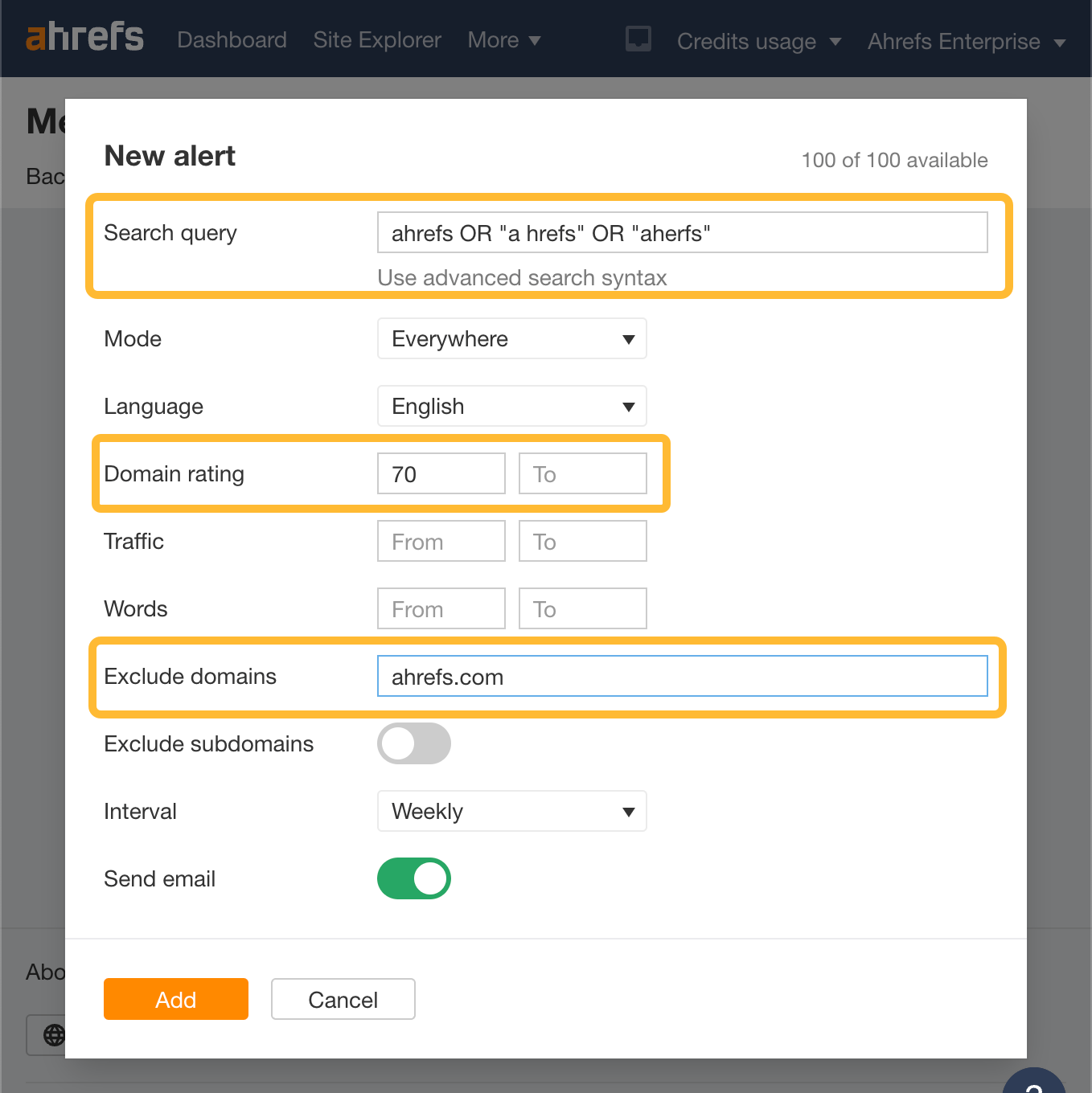 Cómo configurar las alertas de Ahrefs para las menciones de marca.