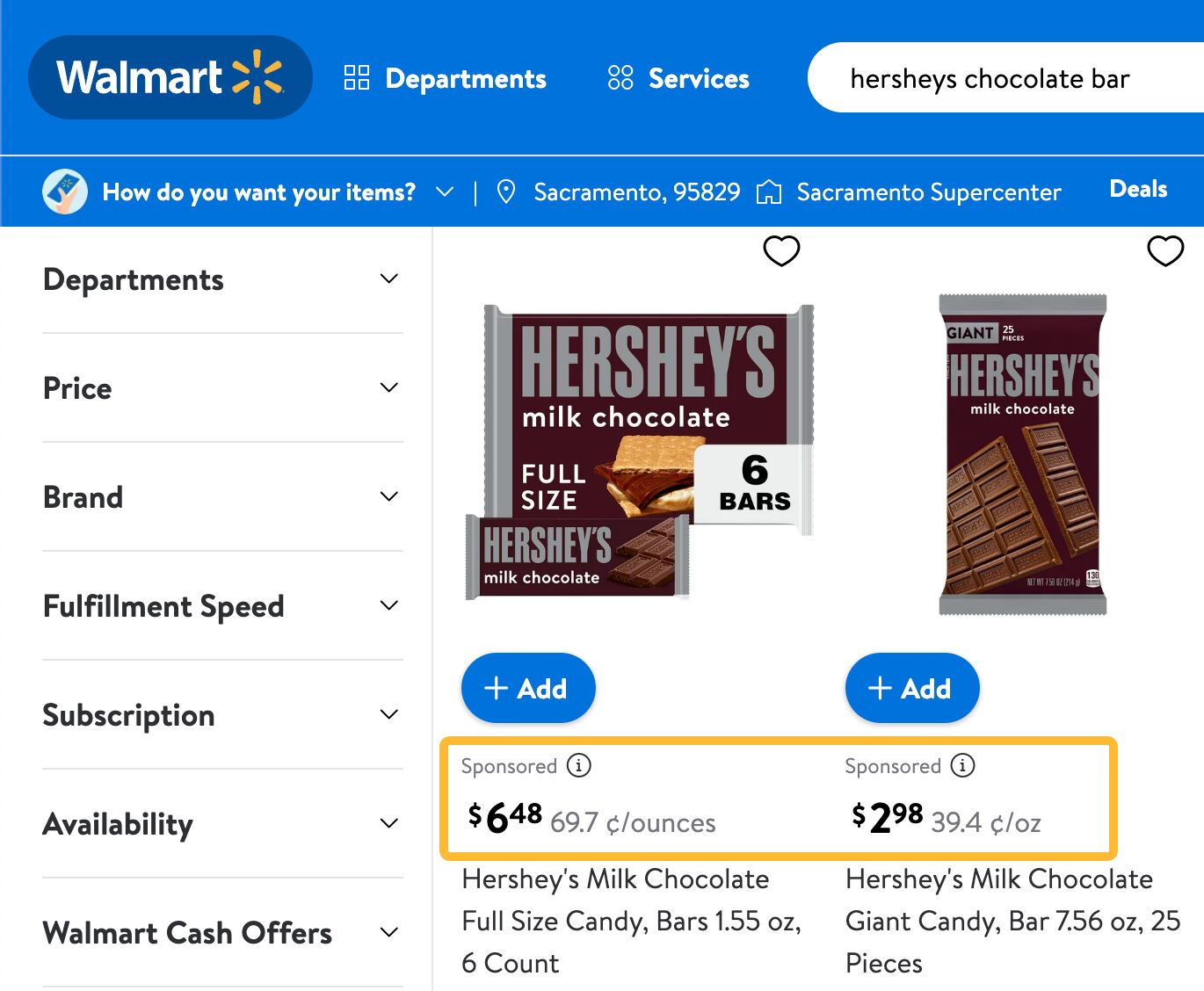 Walmart publica los precios de las chocolatinas Hershey aunque su sitio web oficial no lo haga.
