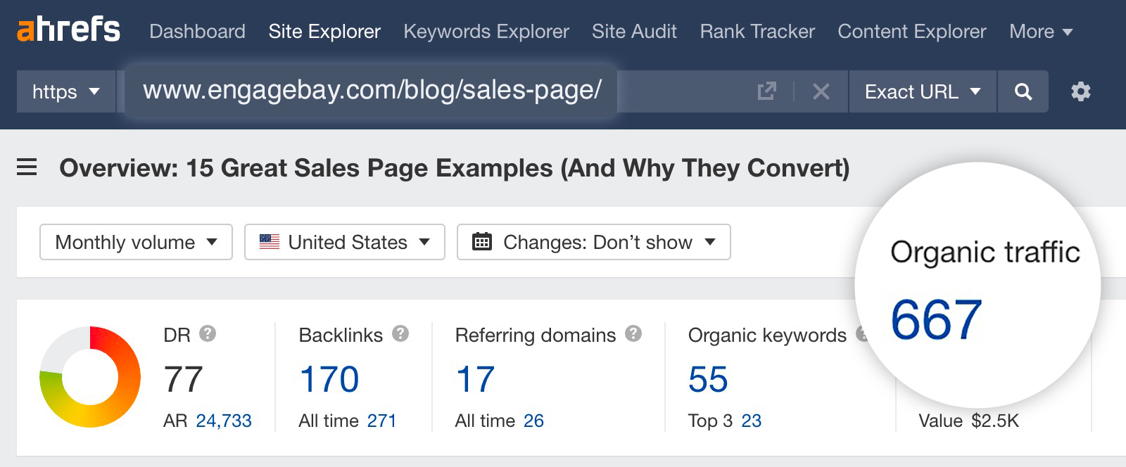 Tráfico orgánico de Site Explorer.