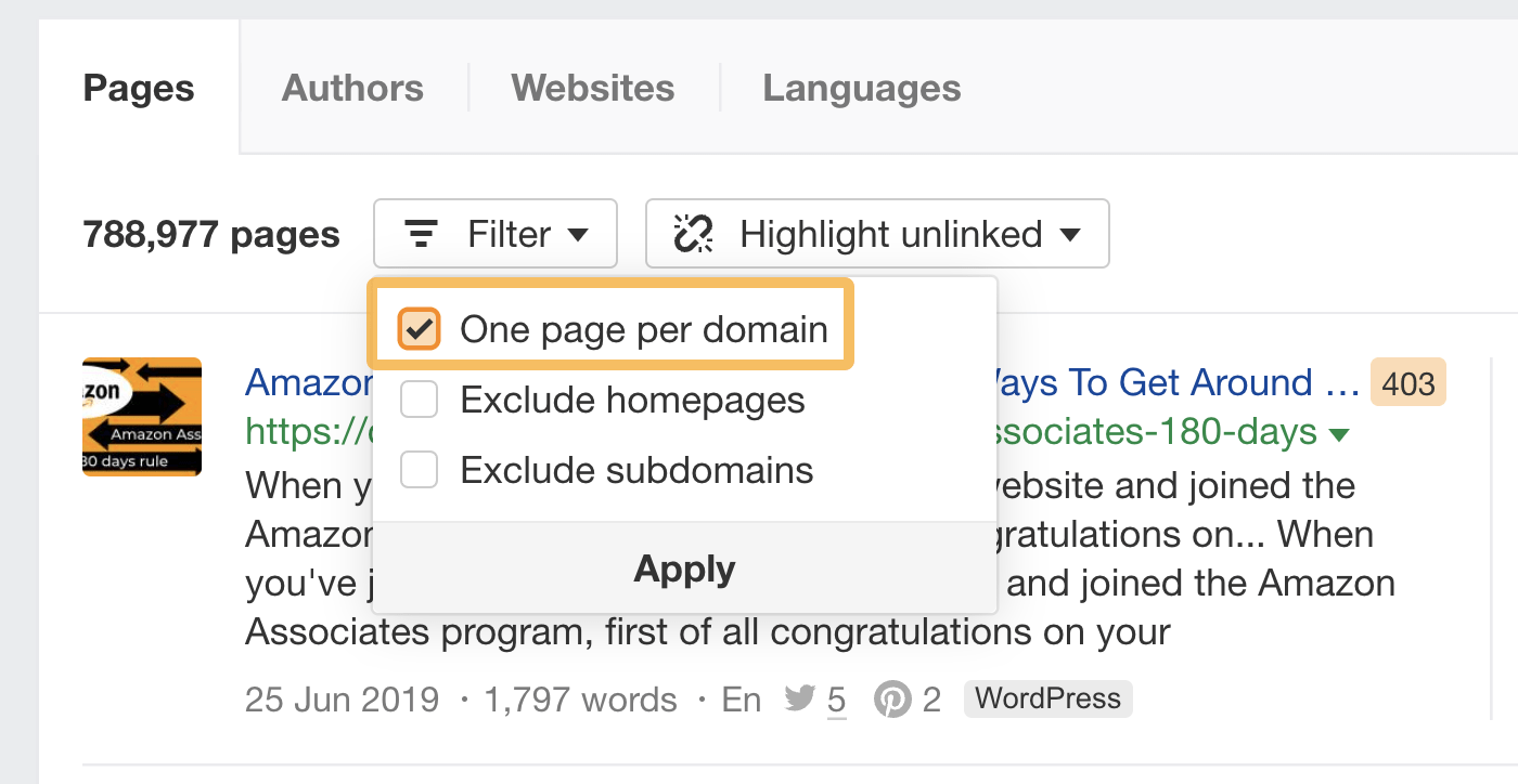 Filtro "Una página por dominio" de Ahrefs en Content Explorer.