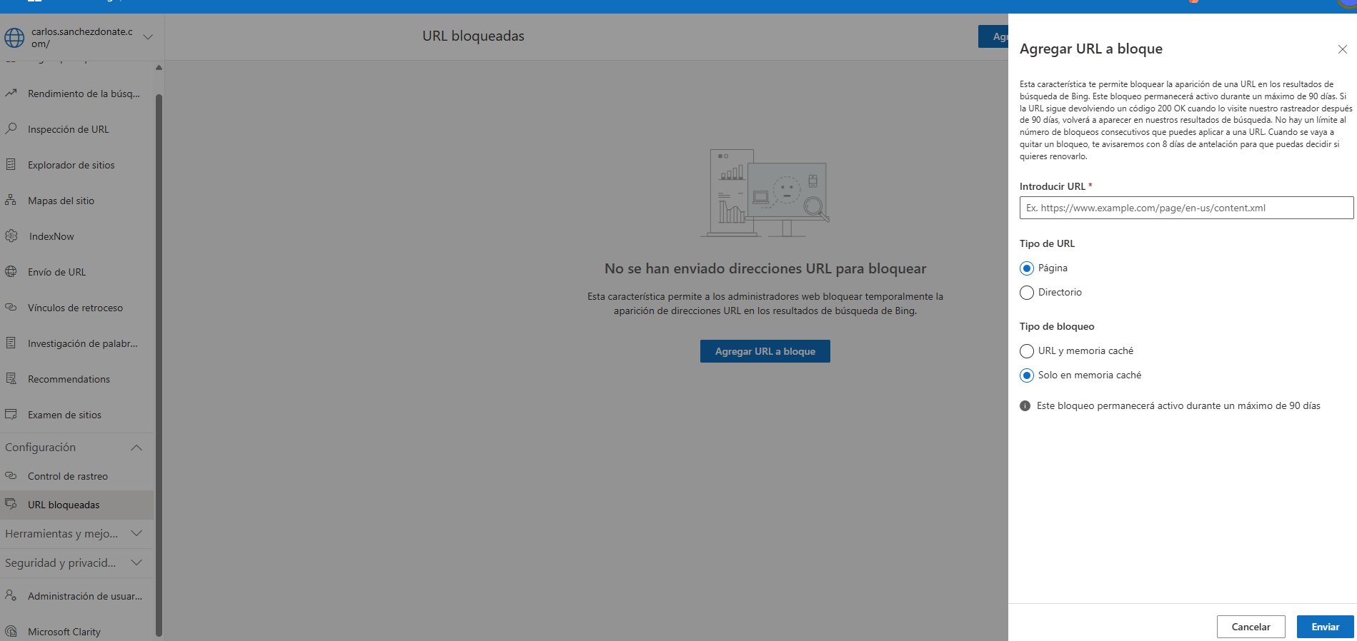 Una captura de pantalla del panel de control de Bing Webmaster Tools, mostrando la sección "URL bloqueadas". En el centro de la pantalla, un mensaje indica "No se han enviado direcciones URL para bloquear" con un botón azul que dice "Agregar URL a bloque".