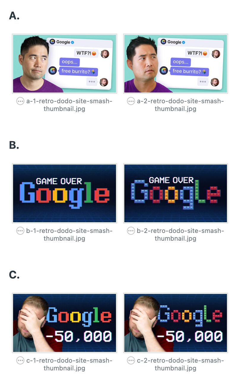 Los distintos thumbnails que hacemos para cada vídeo.