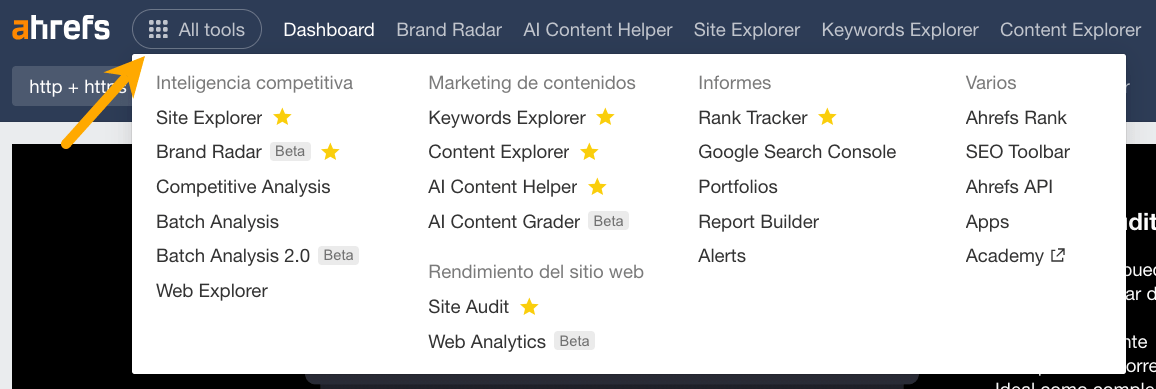 Menú personalizable en Ahrefs