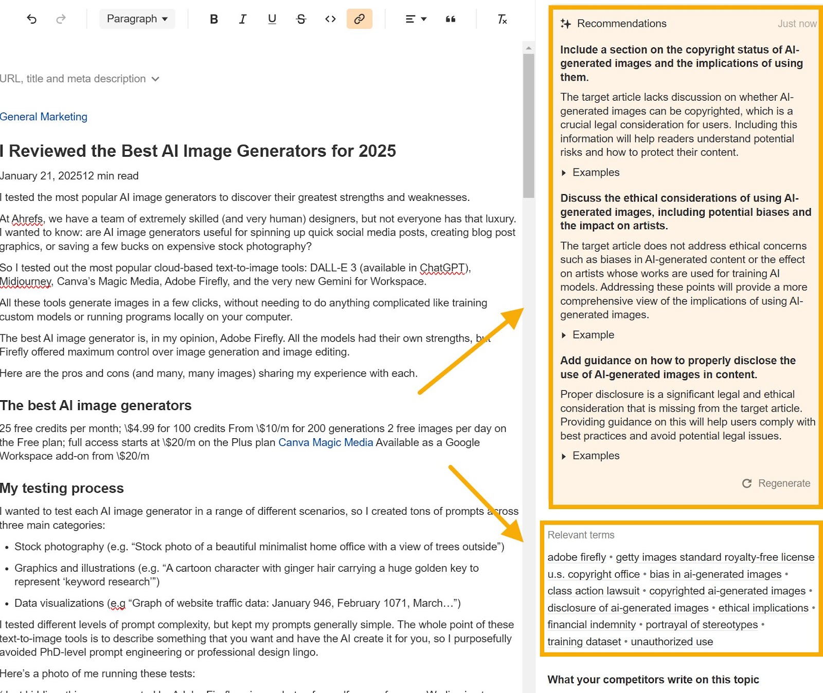 Sección de recomendaciones y términos relevantes en AI Content Helper.