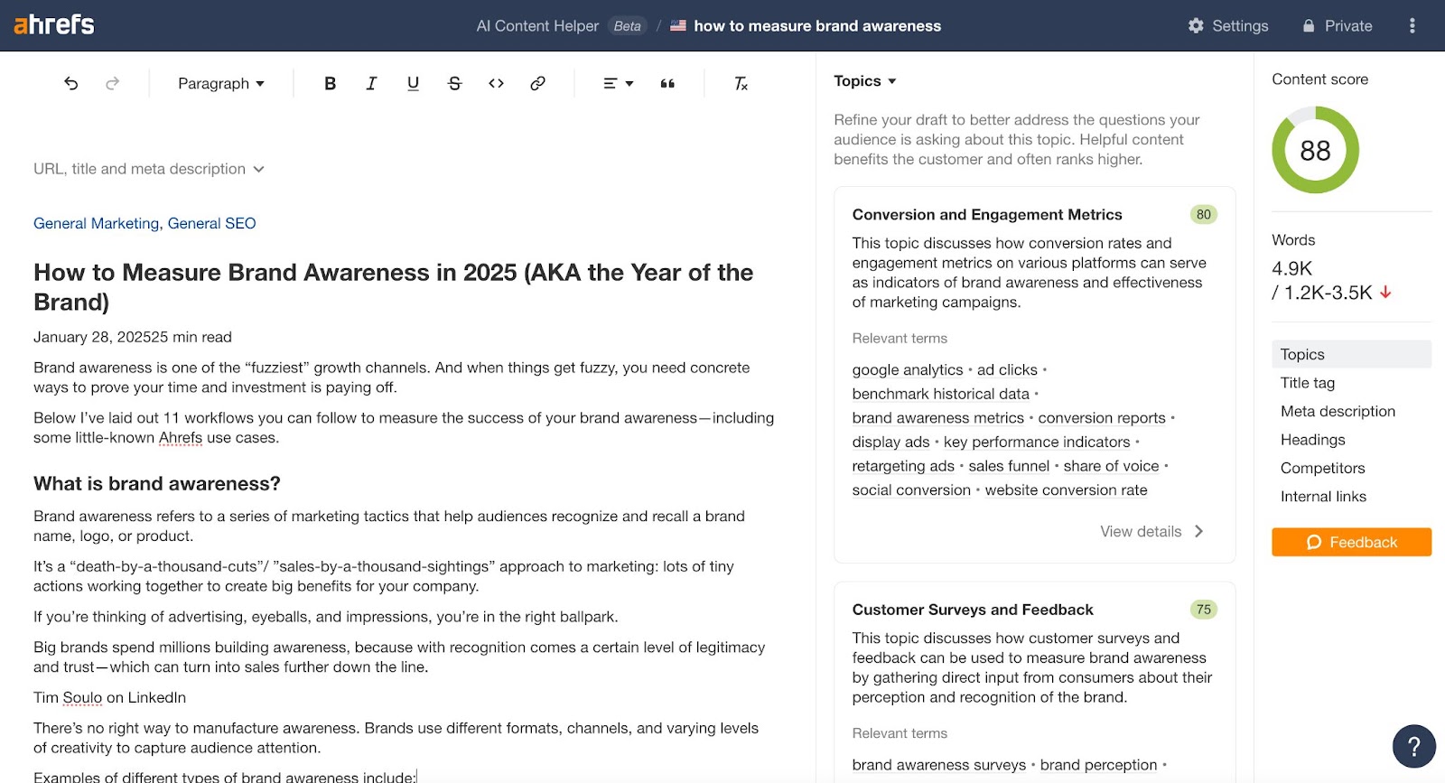 AI Content Helper de Ahrefs muestra una puntuación de 88 para un artículo sobre cómo medir el brand awareness.