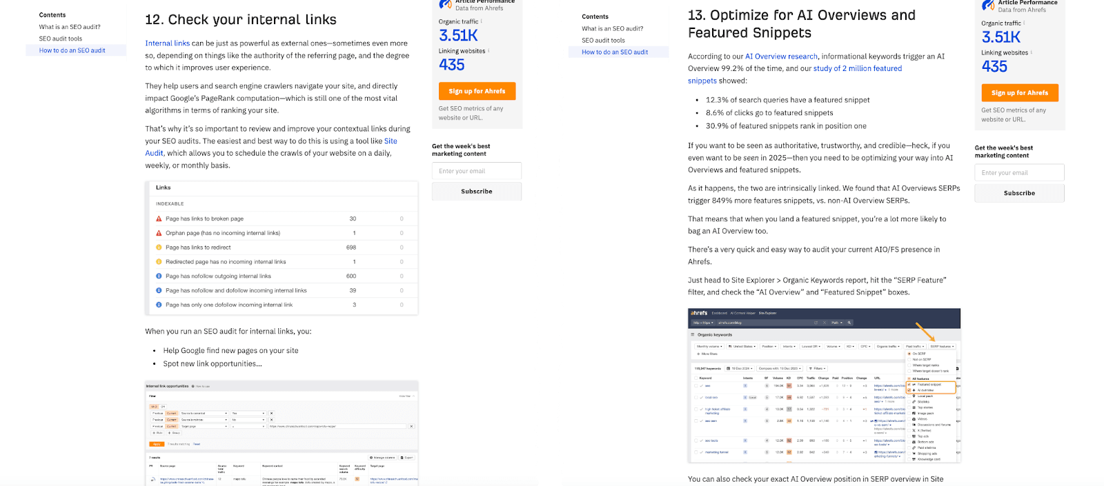Vista en paralelo de las dos nuevas secciones añadidas al blog de auditoría de contenidos SEO de Ahrefs.
